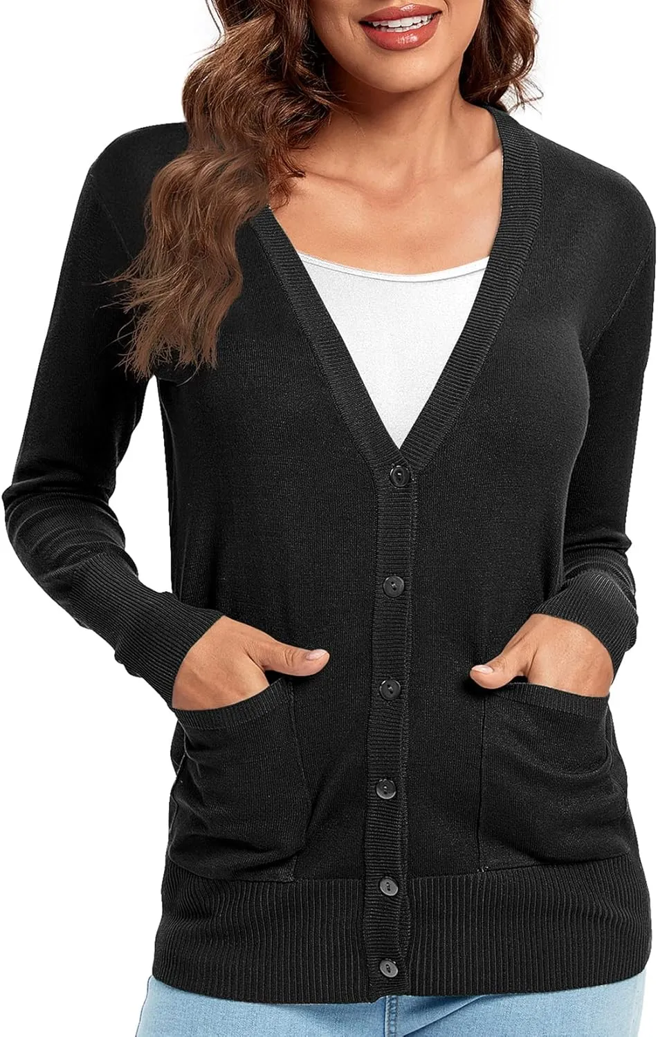 Urban CoCo Women's Lightweight Long Sleeve Cardigan Sweaters V-Neck Button Down Knit Sweater with Pockets
