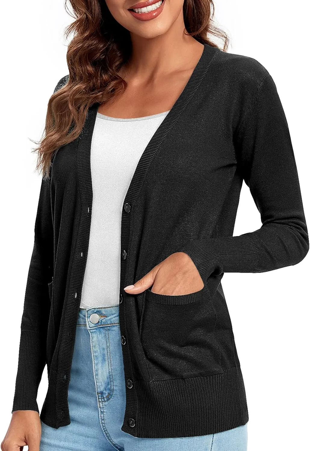 Urban CoCo Women's Lightweight Long Sleeve Cardigan Sweaters V-Neck Button Down Knit Sweater with Pockets