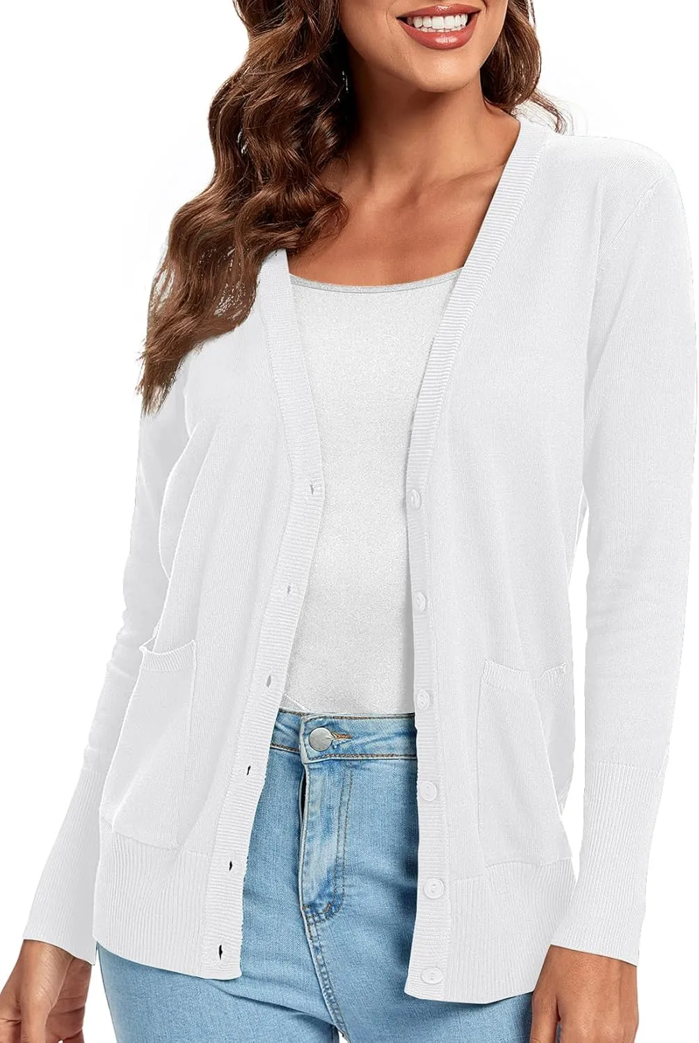 Urban CoCo Women's Lightweight Long Sleeve Cardigan Sweaters V-Neck Button Down Knit Sweater with Pockets