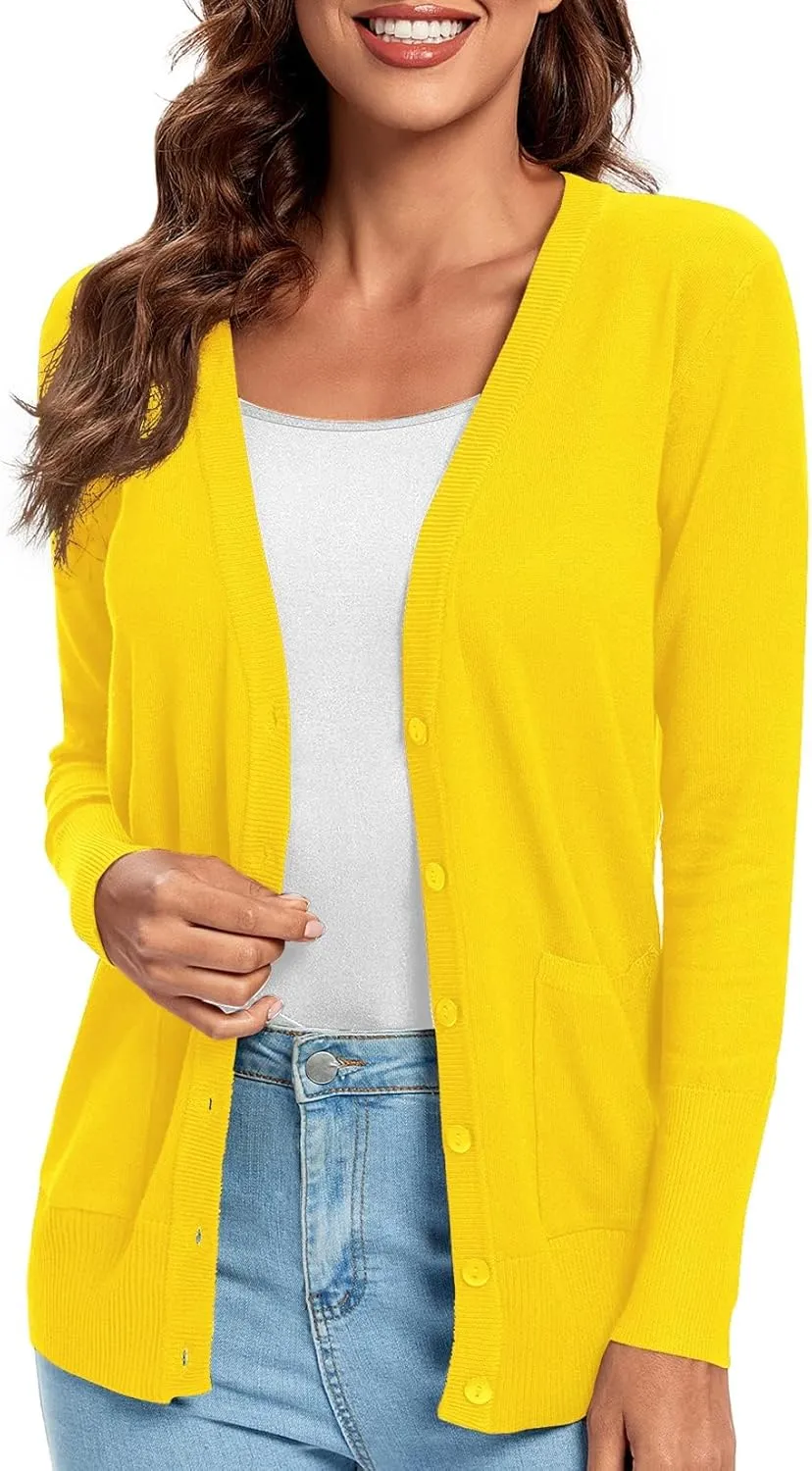Urban CoCo Women's Lightweight Long Sleeve Cardigan Sweaters V-Neck Button Down Knit Sweater with Pockets