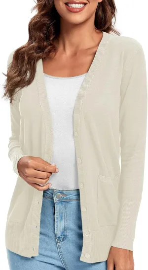 Urban CoCo Women's Lightweight Long Sleeve Cardigan Sweaters V-Neck Button Down Knit Sweater with Pockets