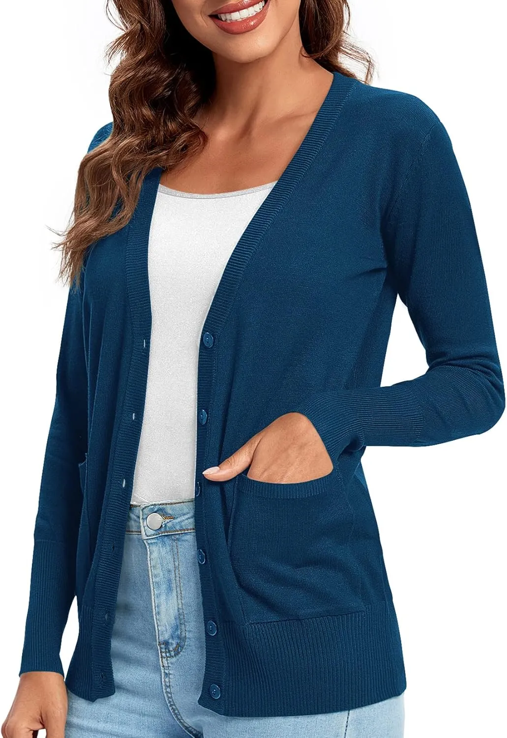Urban CoCo Women's Lightweight Long Sleeve Cardigan Sweaters V-Neck Button Down Knit Sweater with Pockets