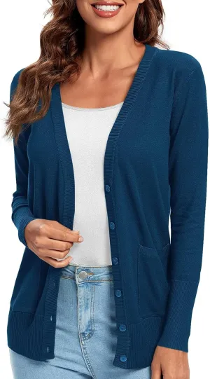 Urban CoCo Women's Lightweight Long Sleeve Cardigan Sweaters V-Neck Button Down Knit Sweater with Pockets