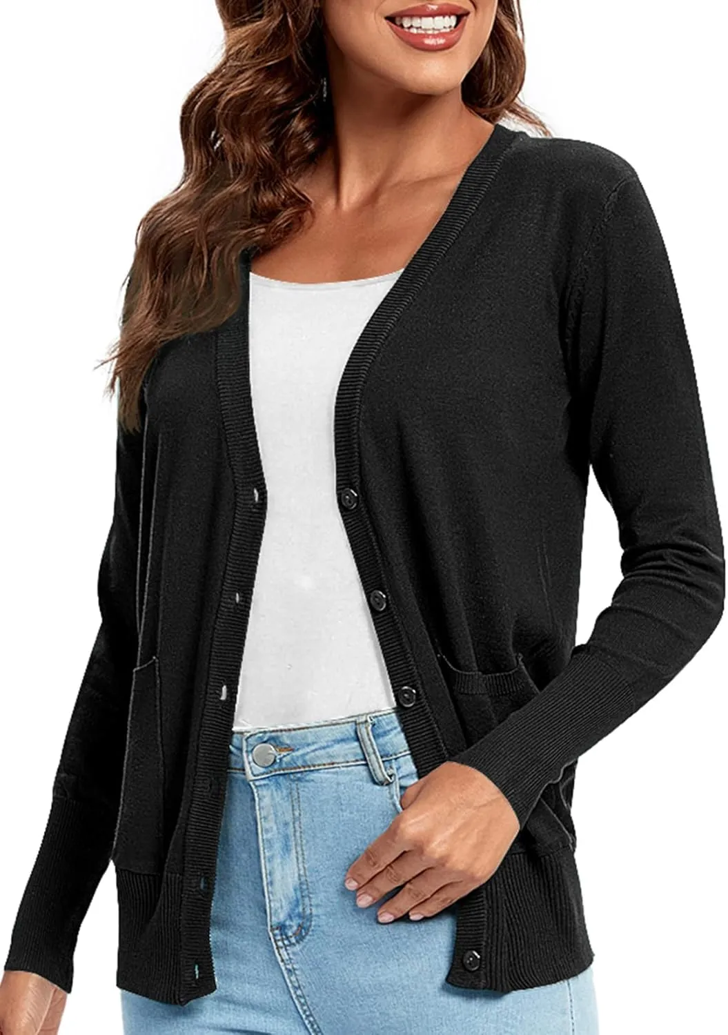 Urban CoCo Women's Lightweight Long Sleeve Cardigan Sweaters V-Neck Button Down Knit Sweater with Pockets