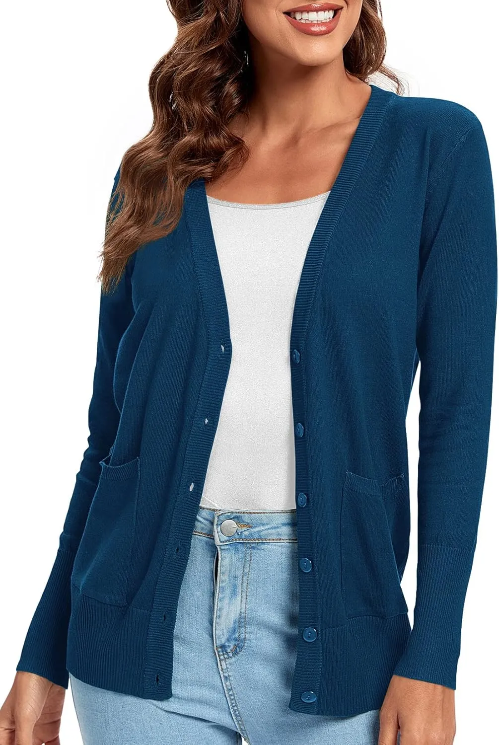 Urban CoCo Women's Lightweight Long Sleeve Cardigan Sweaters V-Neck Button Down Knit Sweater with Pockets