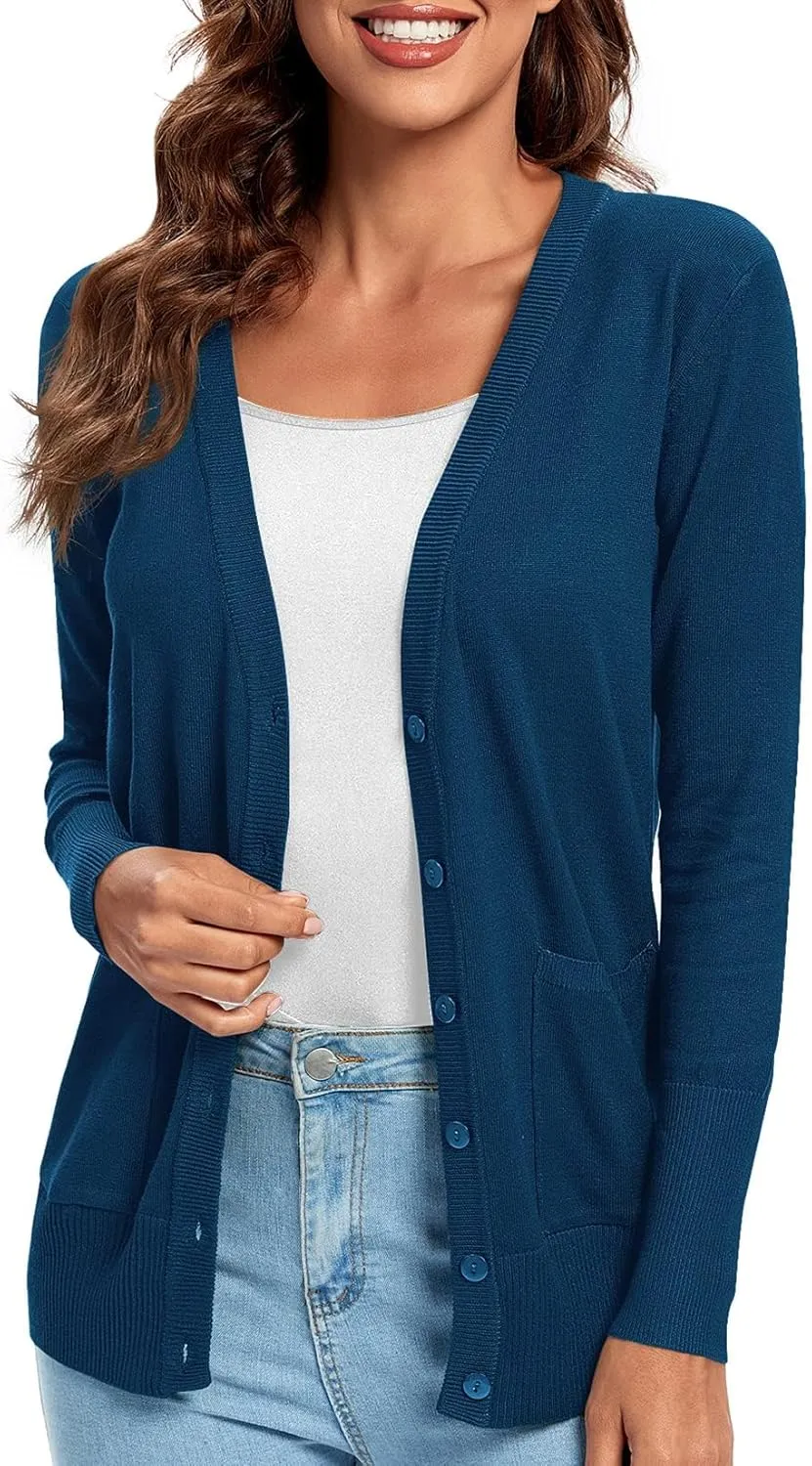 Urban CoCo Women's Lightweight Long Sleeve Cardigan Sweaters V-Neck Button Down Knit Sweater with Pockets