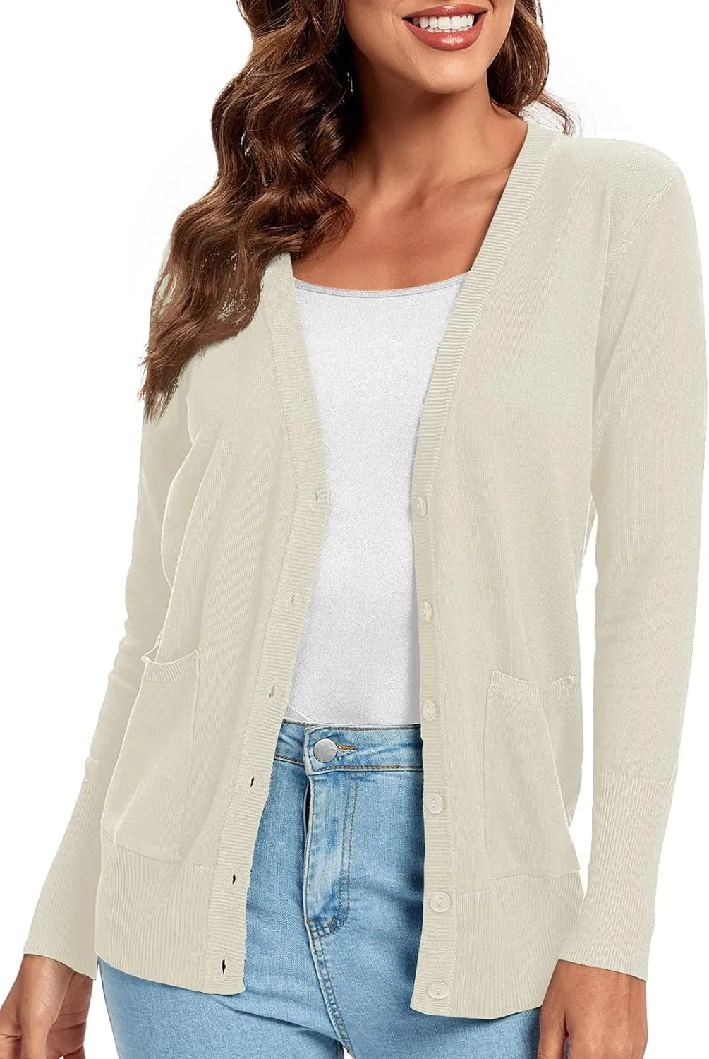 Urban CoCo Women's Lightweight Long Sleeve Cardigan Sweaters V-Neck Button Down Knit Sweater with Pockets