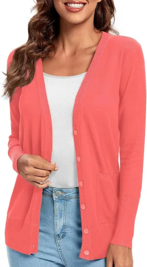 Urban CoCo Women's Lightweight Long Sleeve Cardigan Sweaters V-Neck Button Down Knit Sweater with Pockets