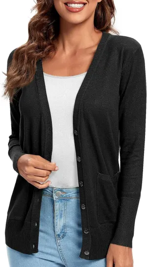 Urban CoCo Women's Lightweight Long Sleeve Cardigan Sweaters V-Neck Button Down Knit Sweater with Pockets