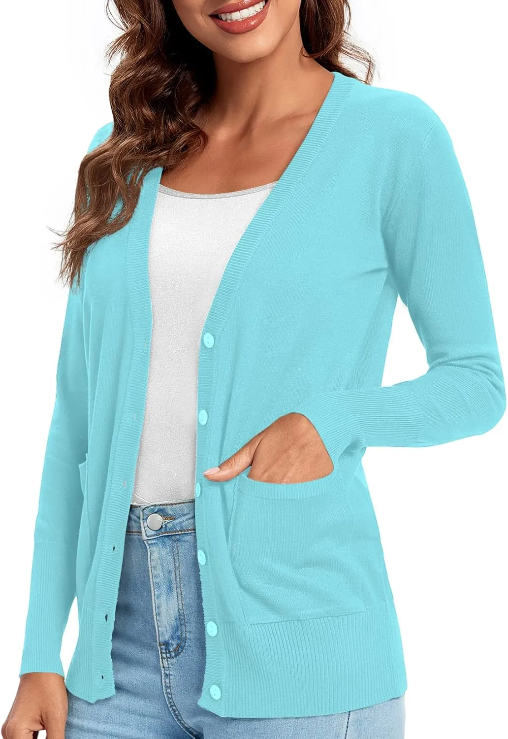 Urban CoCo Women's Lightweight Long Sleeve Cardigan Sweaters V-Neck Button Down Knit Sweater with Pockets