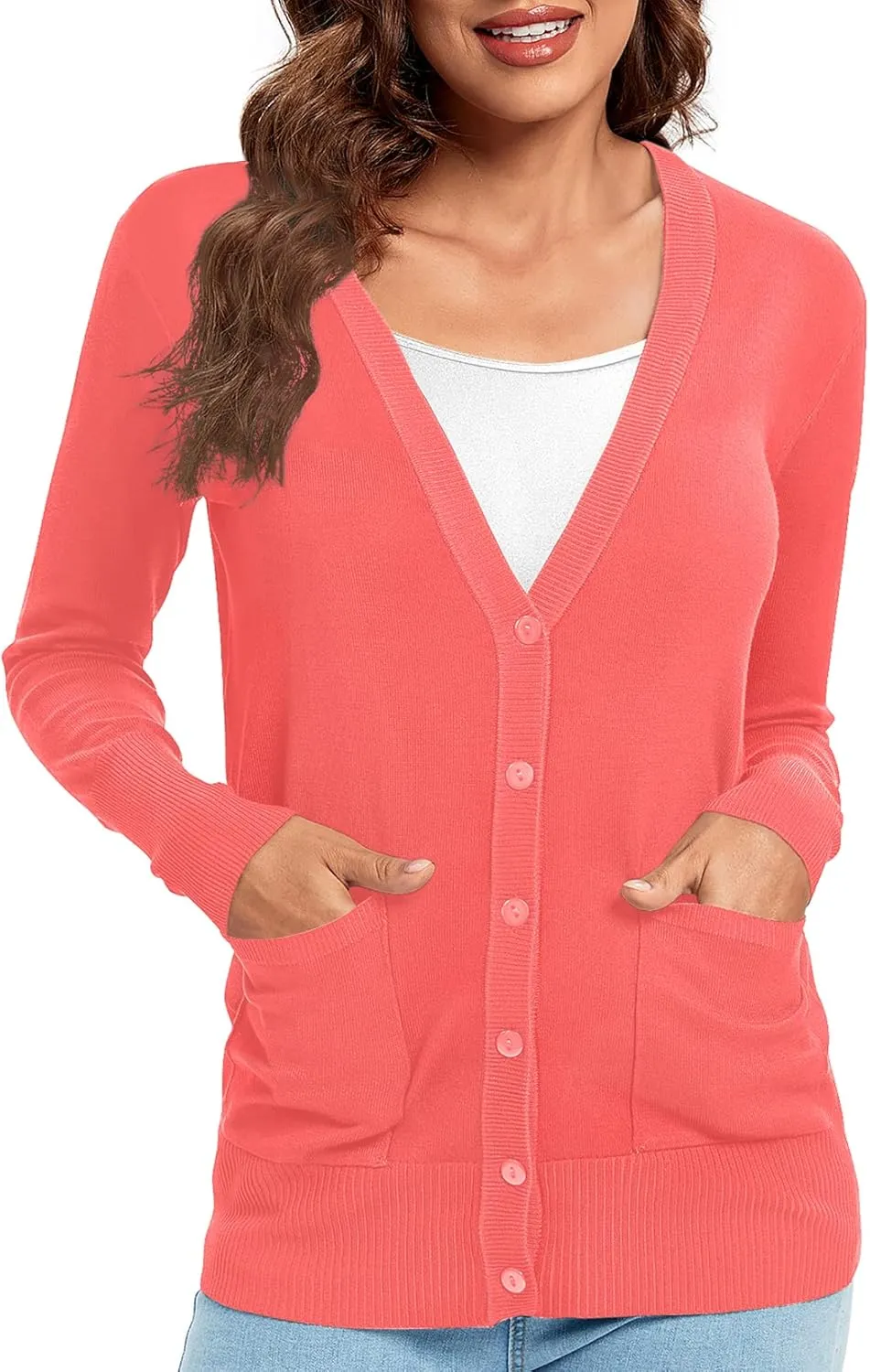 Urban CoCo Women's Lightweight Long Sleeve Cardigan Sweaters V-Neck Button Down Knit Sweater with Pockets