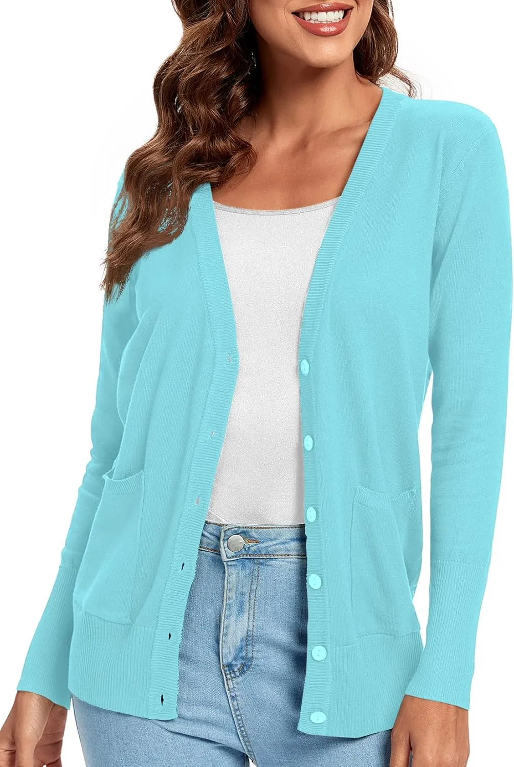 Urban CoCo Women's Lightweight Long Sleeve Cardigan Sweaters V-Neck Button Down Knit Sweater with Pockets