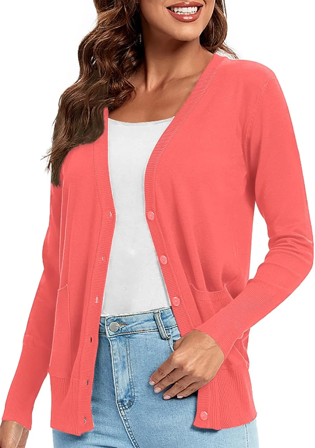 Urban CoCo Women's Lightweight Long Sleeve Cardigan Sweaters V-Neck Button Down Knit Sweater with Pockets
