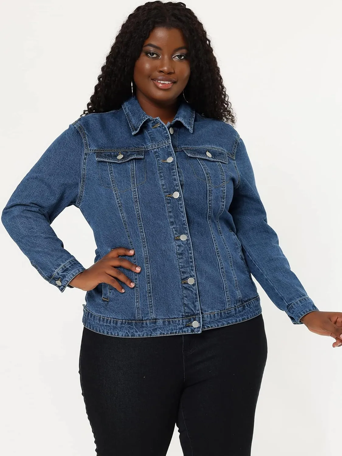 uxcell Women's Plus Size Jean Jacket Stitching Button Front Washed Western Outfit Denim Jacket