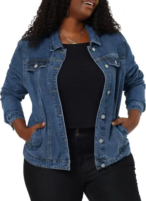 uxcell Women's Plus Size Jean Jacket Stitching Button Front Washed Western Outfit Denim Jacket