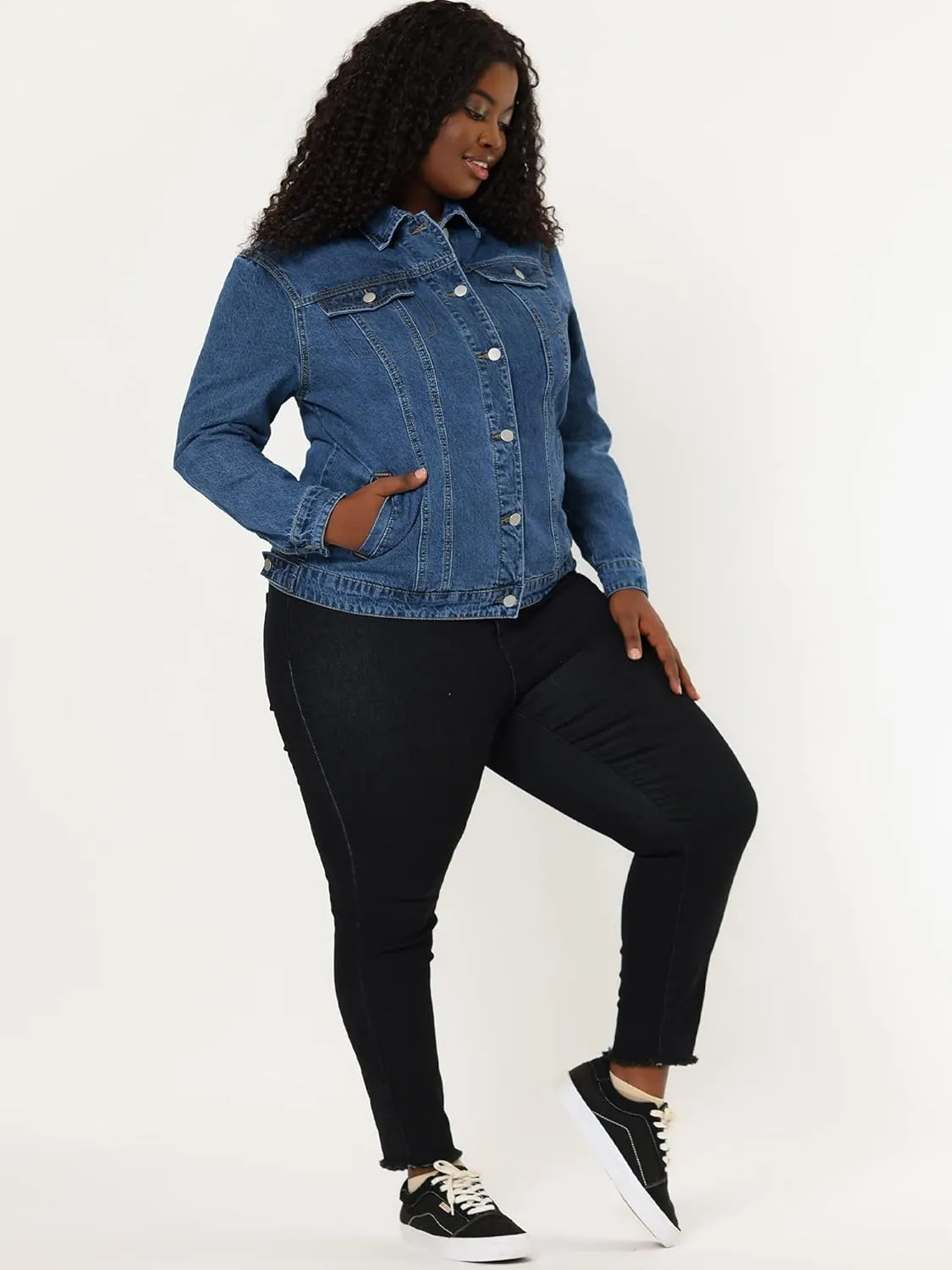 uxcell Women's Plus Size Jean Jacket Stitching Button Front Washed Western Outfit Denim Jacket