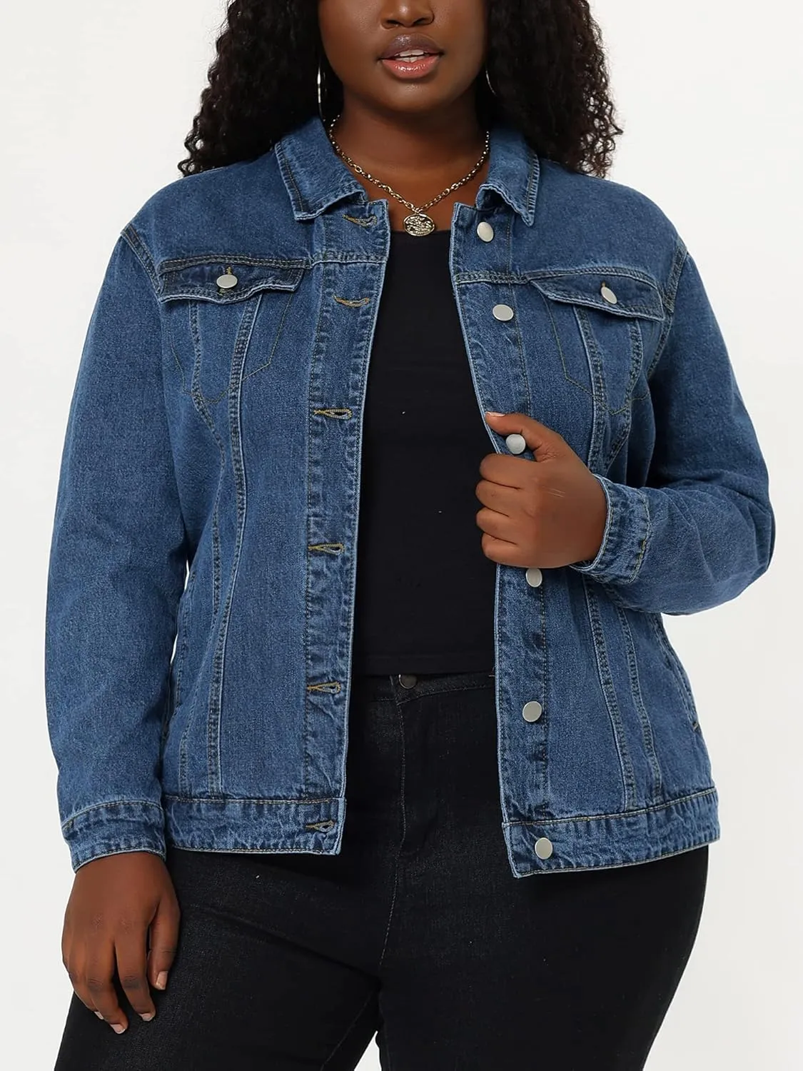 uxcell Women's Plus Size Jean Jacket Stitching Button Front Washed Western Outfit Denim Jacket
