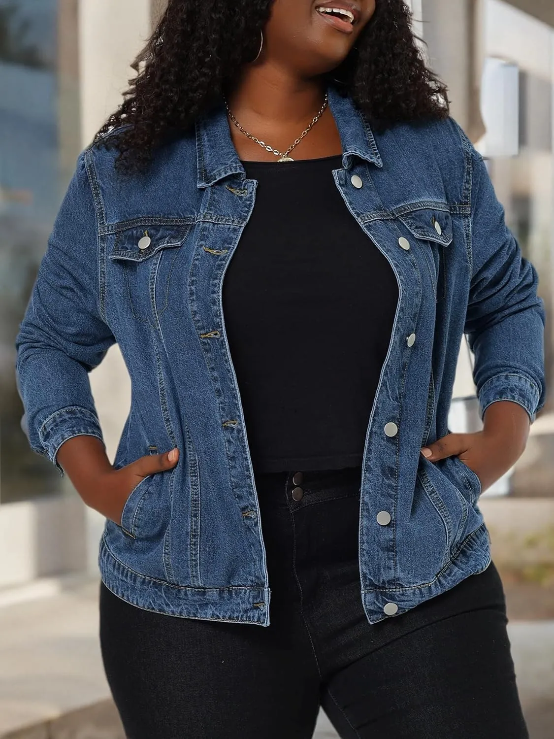 uxcell Women's Plus Size Jean Jacket Stitching Button Front Washed Western Outfit Denim Jacket