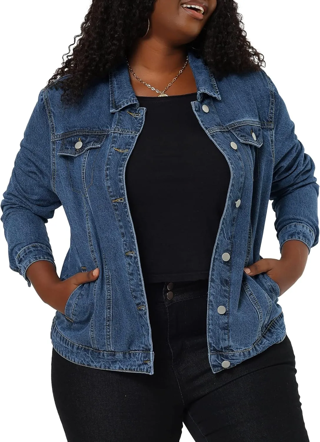 uxcell Women's Plus Size Jean Jacket Stitching Button Front Washed Western Outfit Denim Jacket