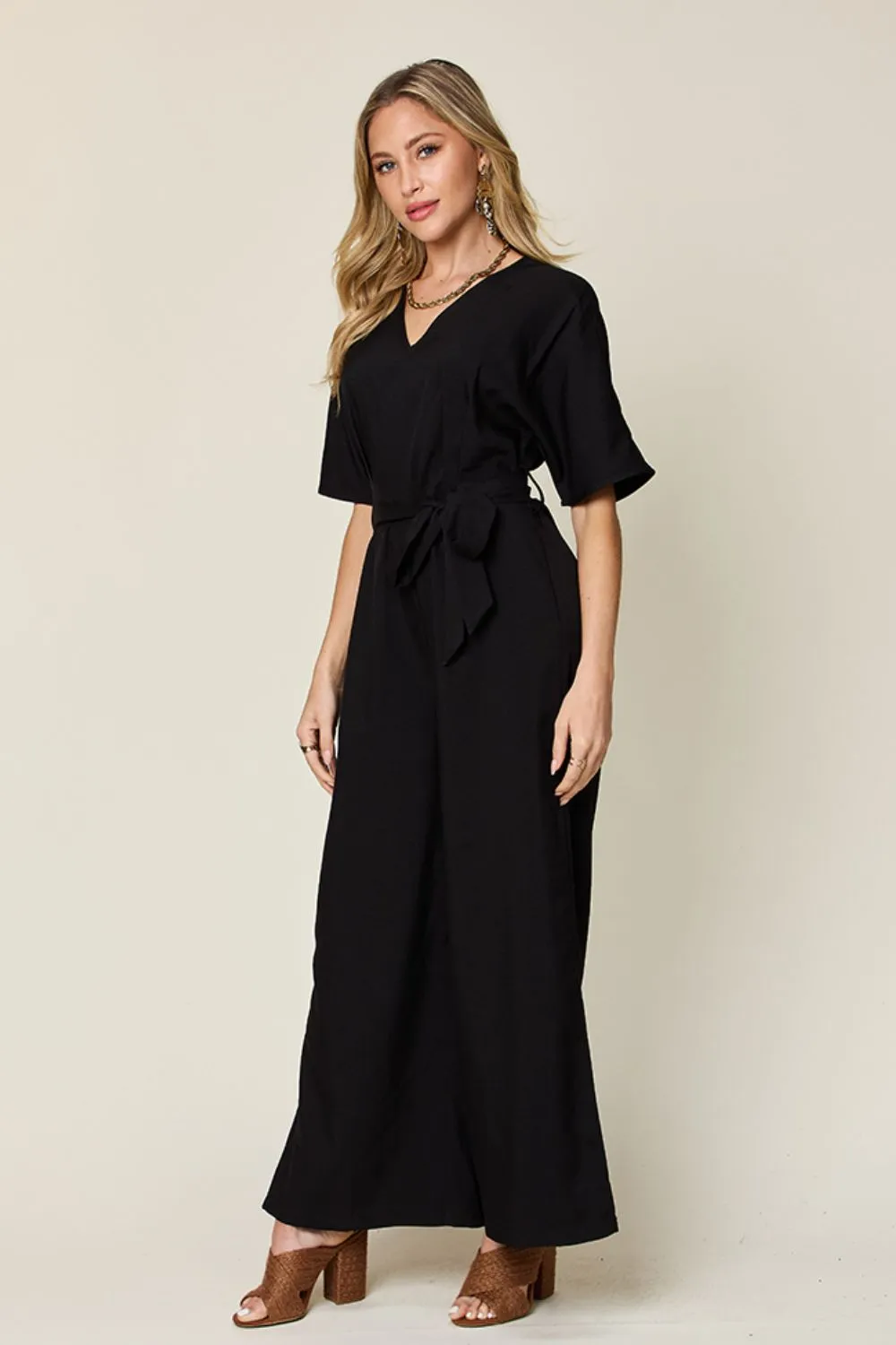 V-Neck Tied Side Slit Jumpsuit