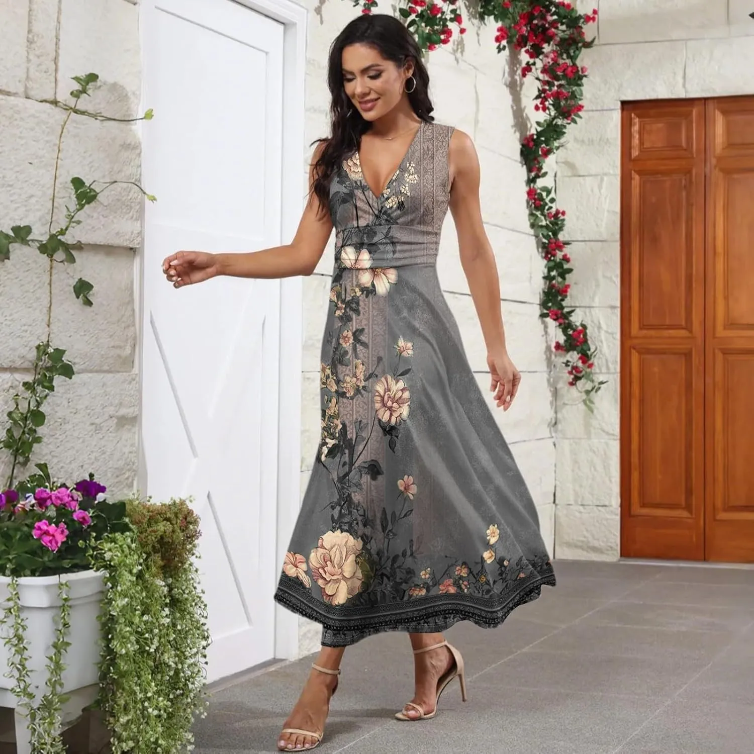 Vacation Dresses for Women 2025 Summer Beach Plus Size V-Neck Sleeveless Fashion Flowy Floral Printing Long Dress Blues