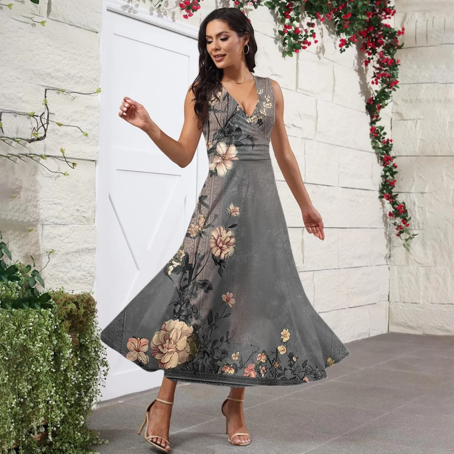 Vacation Dresses for Women 2025 Summer Beach Plus Size V-Neck Sleeveless Fashion Flowy Floral Printing Long Dress Blues