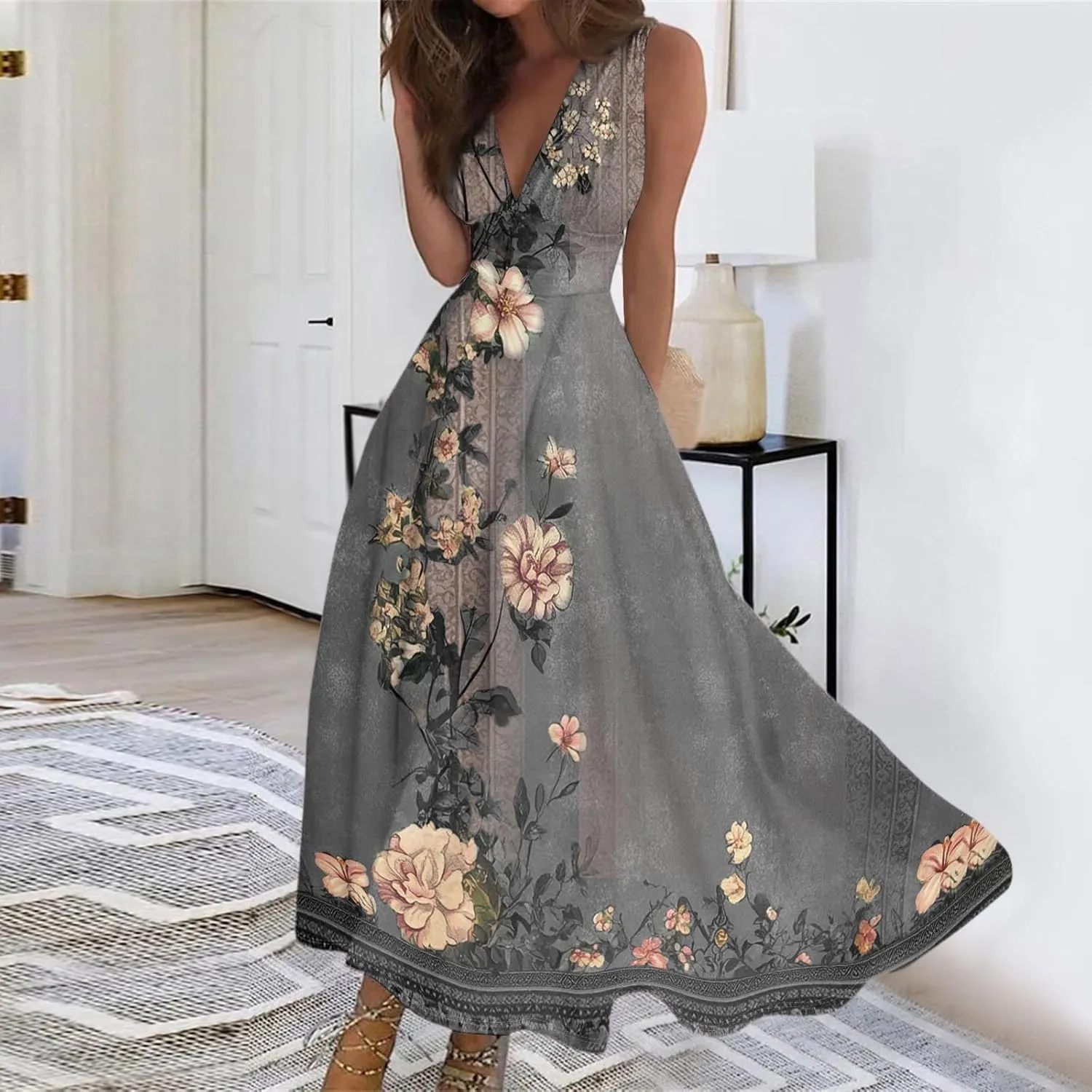 Vacation Dresses for Women 2025 Summer Beach Plus Size V-Neck Sleeveless Fashion Flowy Floral Printing Long Dress Blues
