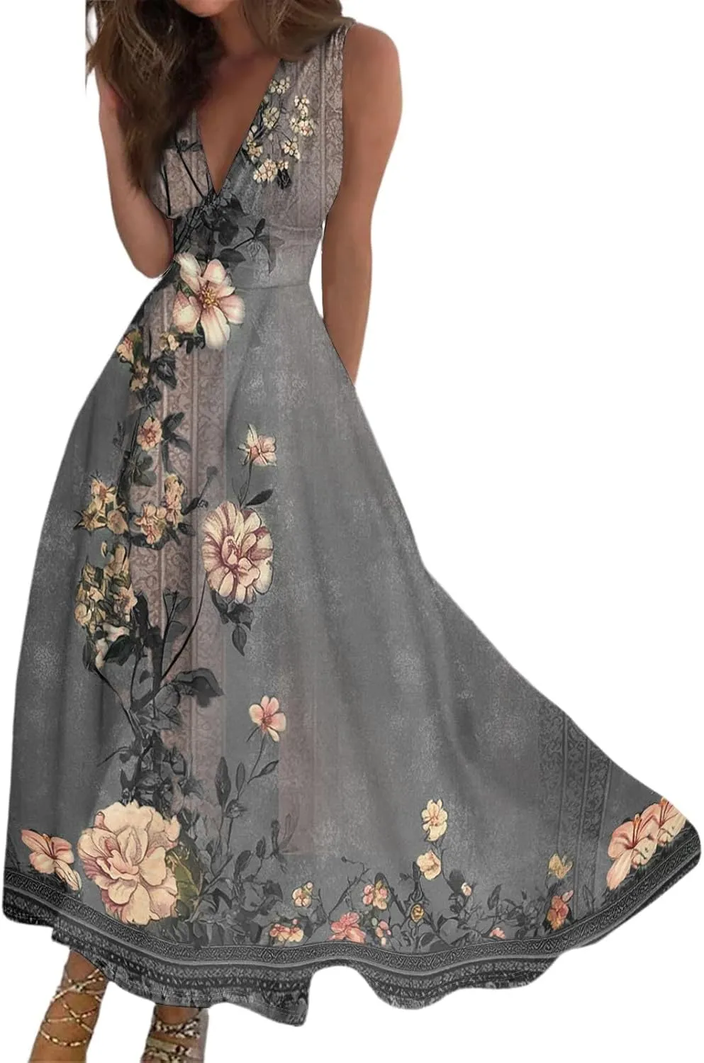 Vacation Dresses for Women 2025 Summer Beach Plus Size V-Neck Sleeveless Fashion Flowy Floral Printing Long Dress Blues