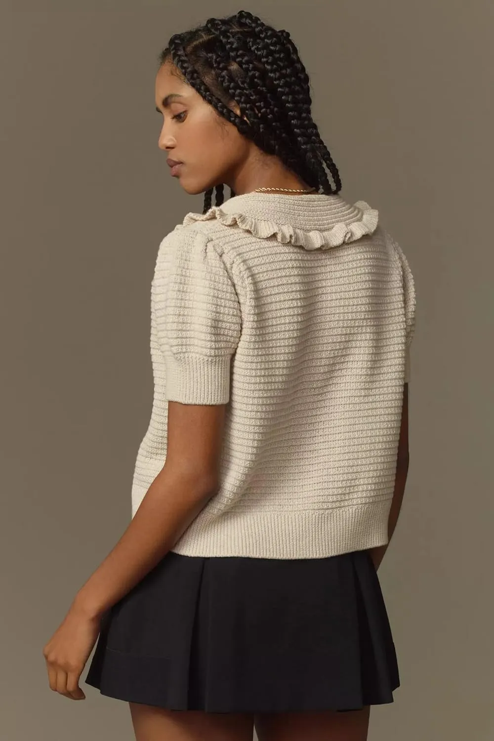 VAOYIU Women's Ruffle Collar Knit Cardigan Short Sleeve Button Down Sweater Top Vintage Cropped Ribbed Summer Outerwear