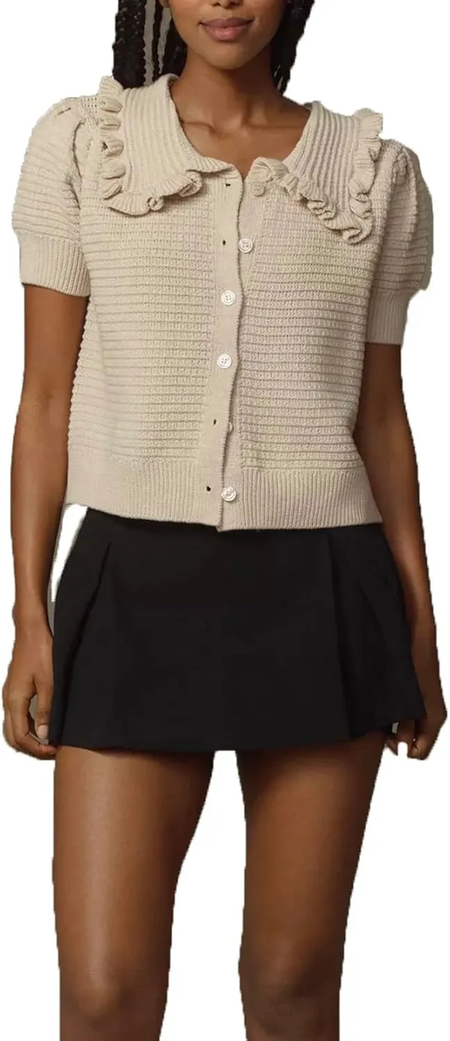 VAOYIU Women's Ruffle Collar Knit Cardigan Short Sleeve Button Down Sweater Top Vintage Cropped Ribbed Summer Outerwear