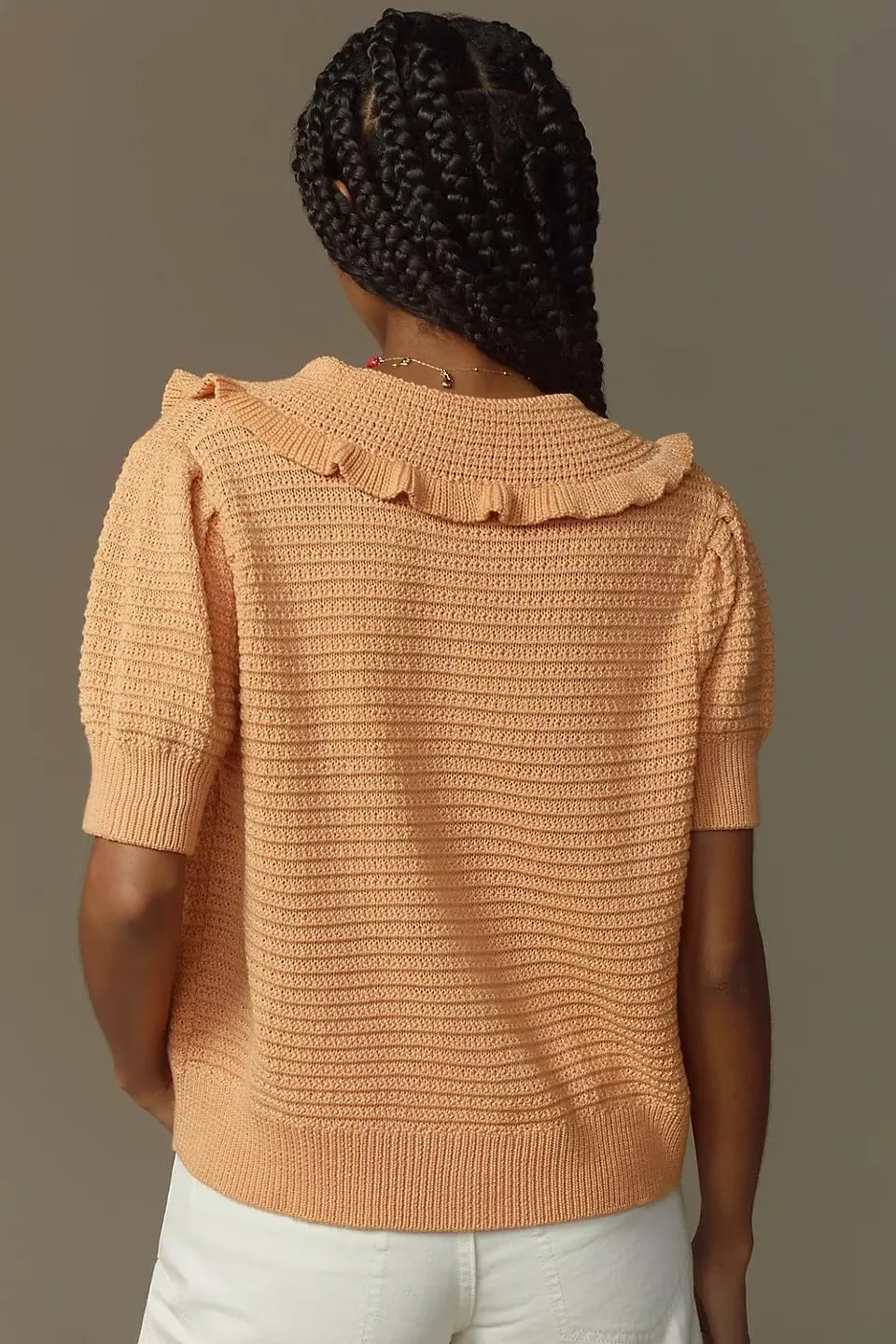 VAOYIU Women's Ruffle Collar Knit Cardigan Short Sleeve Button Down Sweater Top Vintage Cropped Ribbed Summer Outerwear