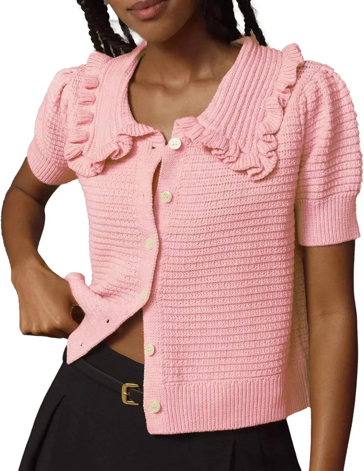 VAOYIU Women's Ruffle Collar Knit Cardigan Short Sleeve Button Down Sweater Top Vintage Cropped Ribbed Summer Outerwear