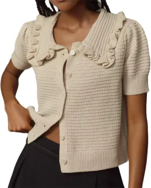 VAOYIU Women's Ruffle Collar Knit Cardigan Short Sleeve Button Down Sweater Top Vintage Cropped Ribbed Summer Outerwear