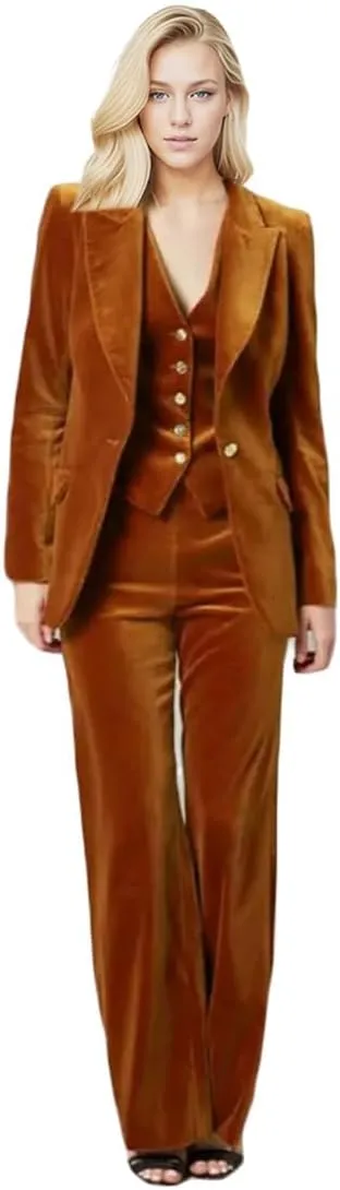 Velvet Pant Suit for Women 3 PC Peak Lapel Office Work Suit Business Suit Blazer Vest Pants Prom Suit