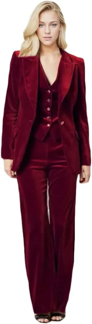 Velvet Pant Suit for Women 3 PC Peak Lapel Office Work Suit Business Suit Blazer Vest Pants Prom Suit