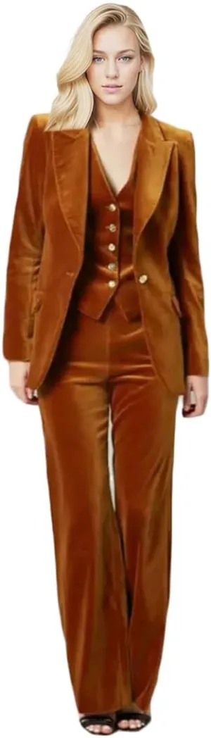 Velvet Pant Suit for Women 3 PC Peak Lapel Office Work Suit Business Suit Blazer Vest Pants Prom Suit