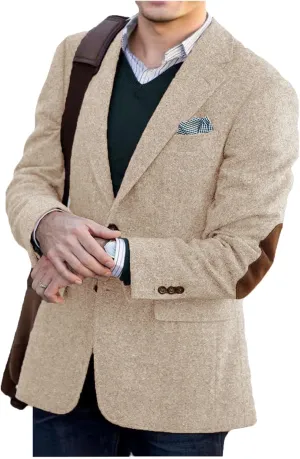 VENNYNG Brown Men's Tweed Blazer Suit Jacket with Elbow Patches Single Breasted Male Short Vintage Trench Coat