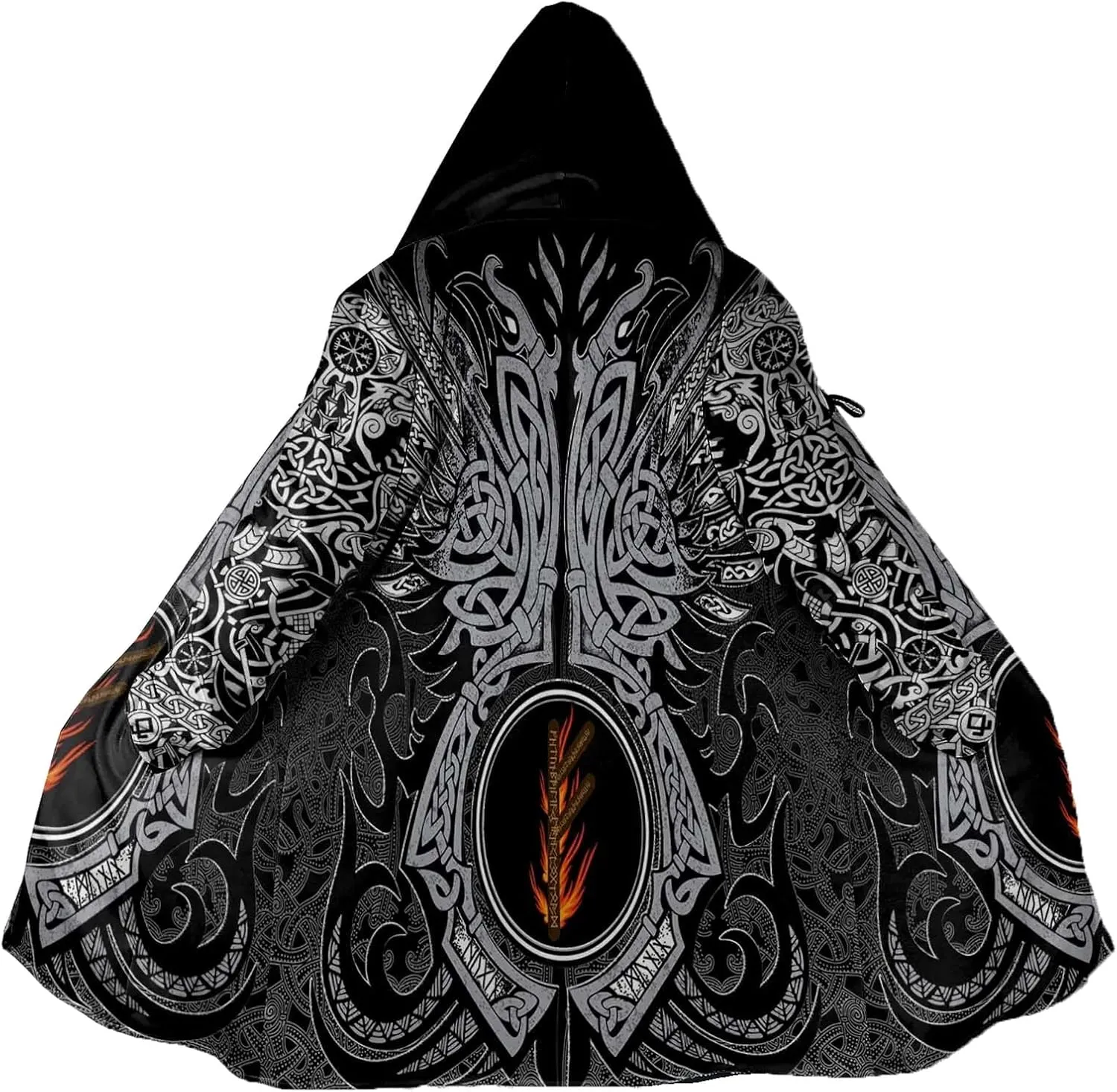 Viking Rune Men's Winter Hooded Cloak Thickened Warm Parka Norse Mythology Casual Jacket Outerwear Faux Cashmere Coat