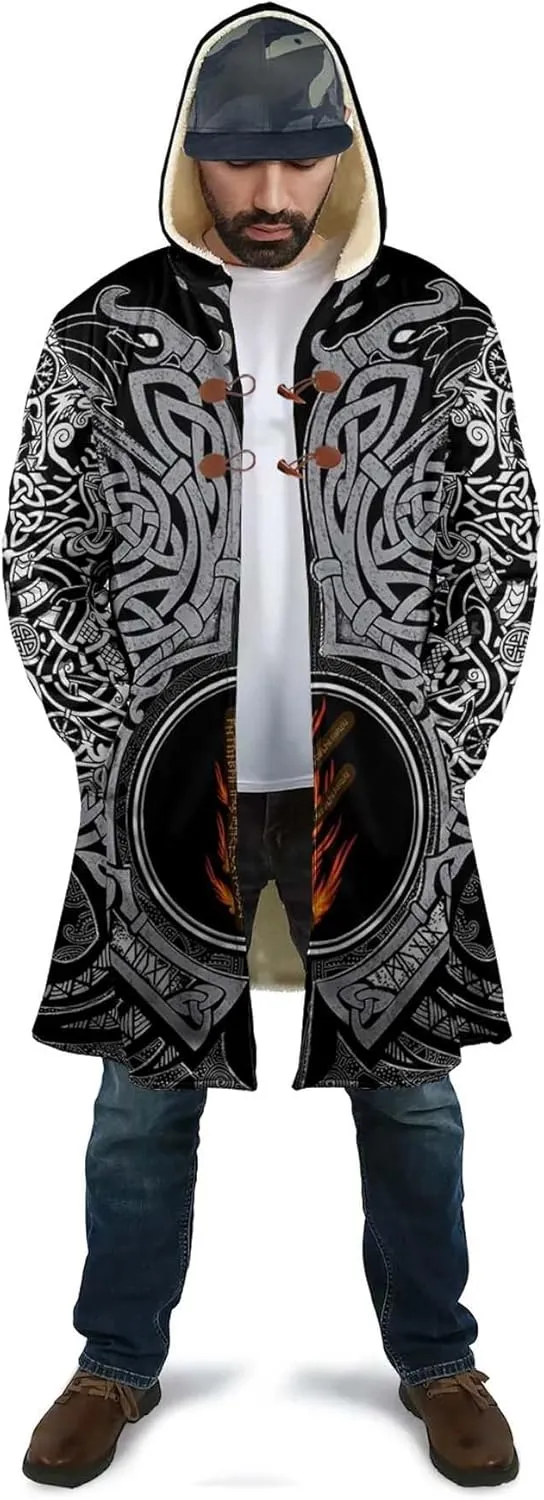Viking Rune Men's Winter Hooded Cloak Thickened Warm Parka Norse Mythology Casual Jacket Outerwear Faux Cashmere Coat