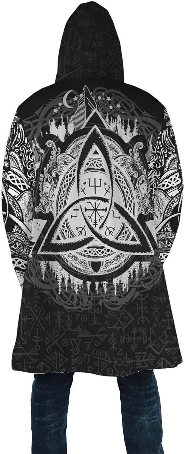 Viking Rune Men's Winter Hooded Cloak Thickened Warm Parka Norse Mythology Casual Jacket Outerwear Faux Cashmere Coat