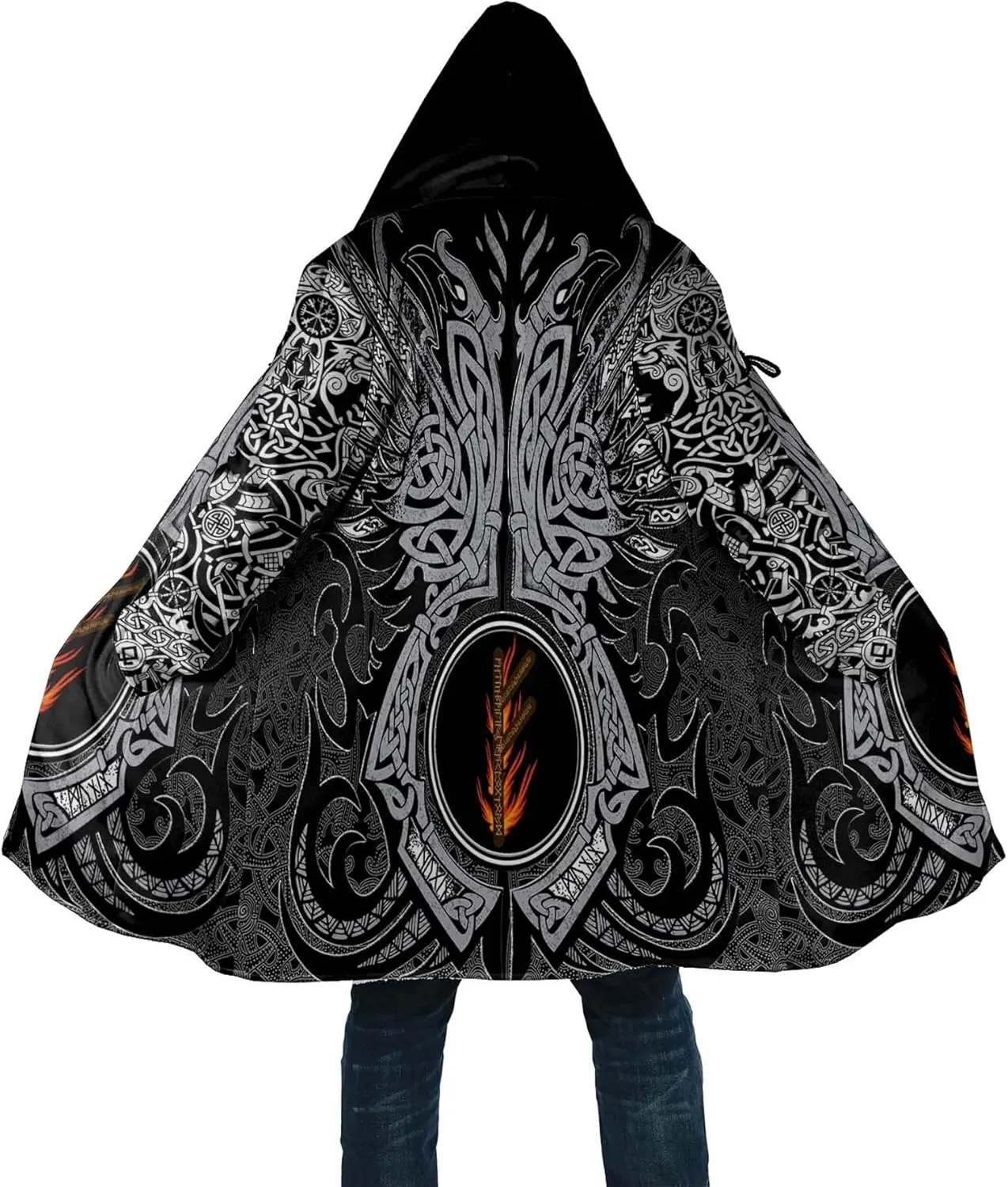 Viking Rune Men's Winter Hooded Cloak Thickened Warm Parka Norse Mythology Casual Jacket Outerwear Faux Cashmere Coat