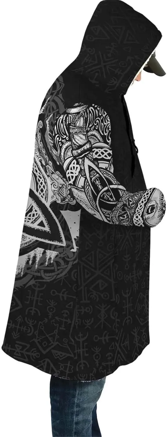 Viking Rune Men's Winter Hooded Cloak Thickened Warm Parka Norse Mythology Casual Jacket Outerwear Faux Cashmere Coat