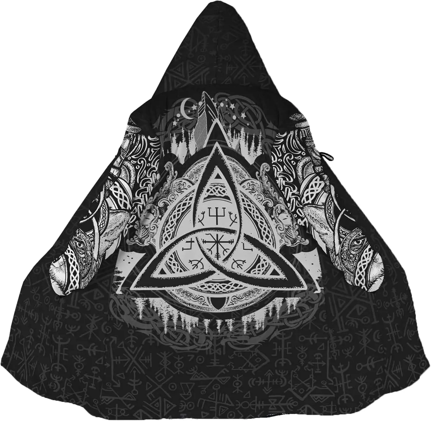 Viking Rune Men's Winter Hooded Cloak Thickened Warm Parka Norse Mythology Casual Jacket Outerwear Faux Cashmere Coat
