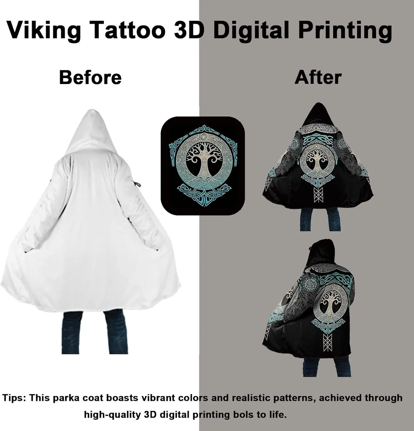 Viking Rune Men's Winter Hooded Cloak Thickened Warm Parka Norse Mythology Casual Jacket Outerwear Faux Cashmere Coat