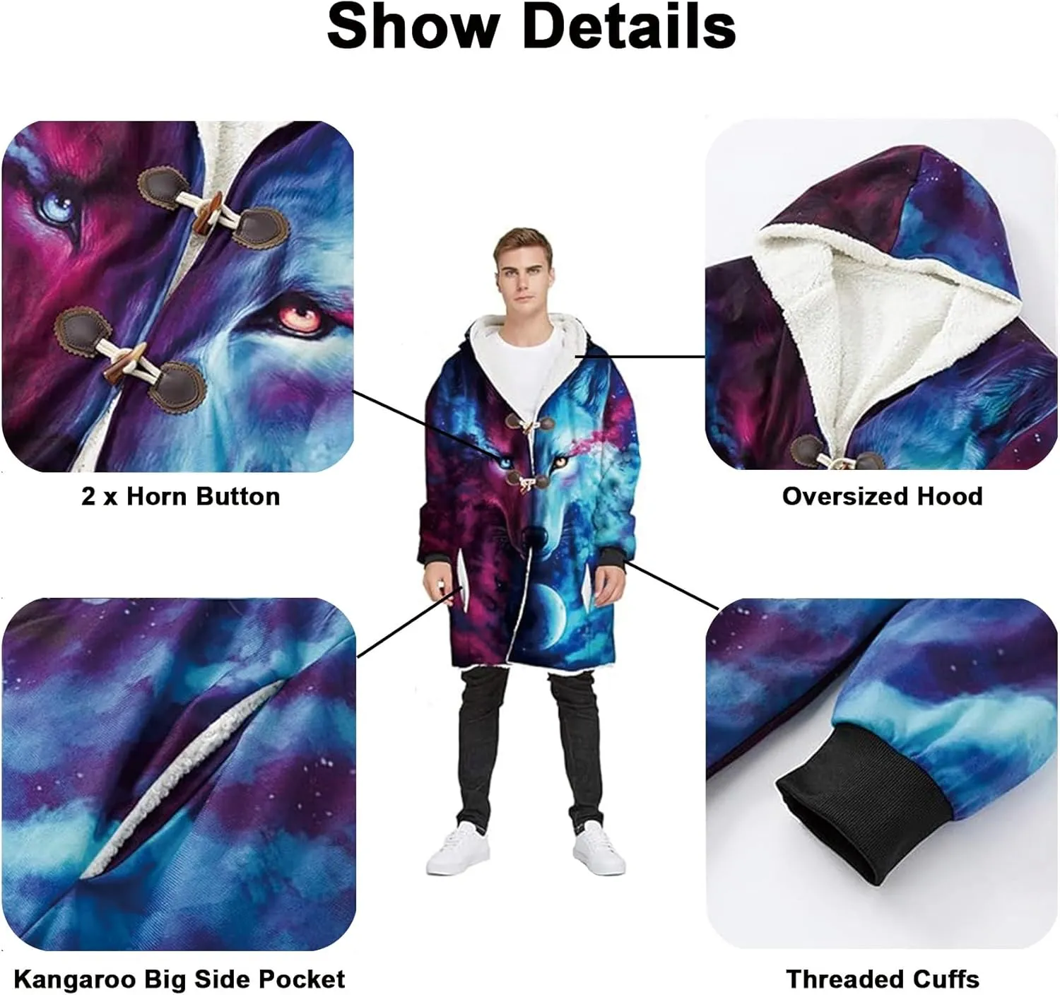Viking Rune Men's Winter Hooded Cloak Thickened Warm Parka Norse Mythology Casual Jacket Outerwear Faux Cashmere Coat