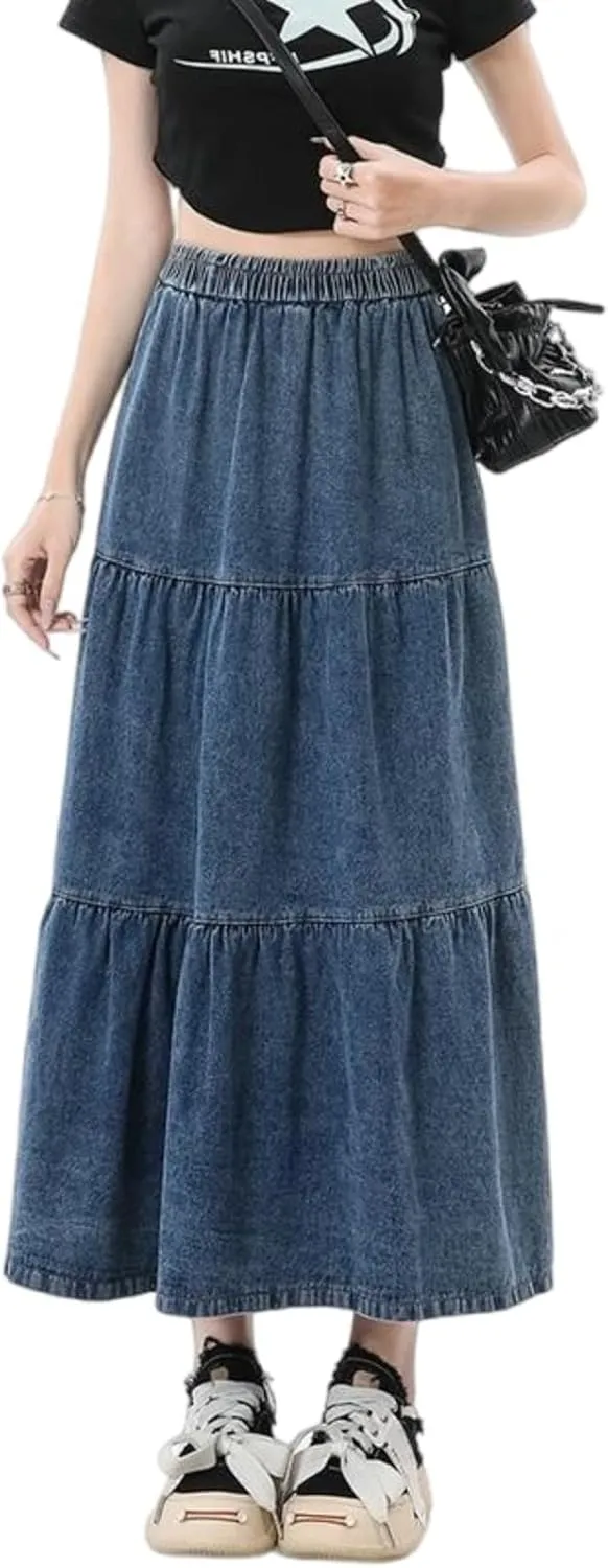 Vintage denim skirt with elastic waistband and high waisted A-line skirt, fashionable denim midi skirt