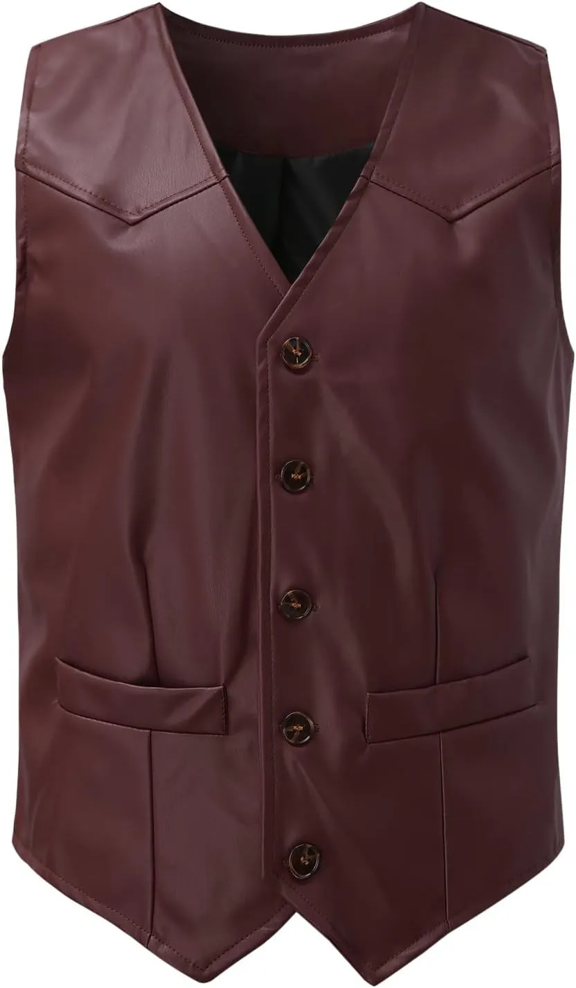 Vintage Leather Vest for Men Slim Fit V Neck Button Down Waistcoat Western Cowboy Vest Retro Sleeveless Jacket Brown