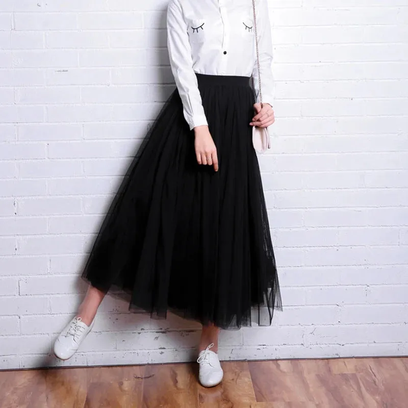 Vintage Tulle Pleated Skirt Women High Waist