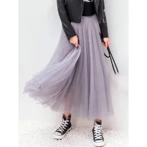 Vintage Tulle Pleated Skirt Women High Waist