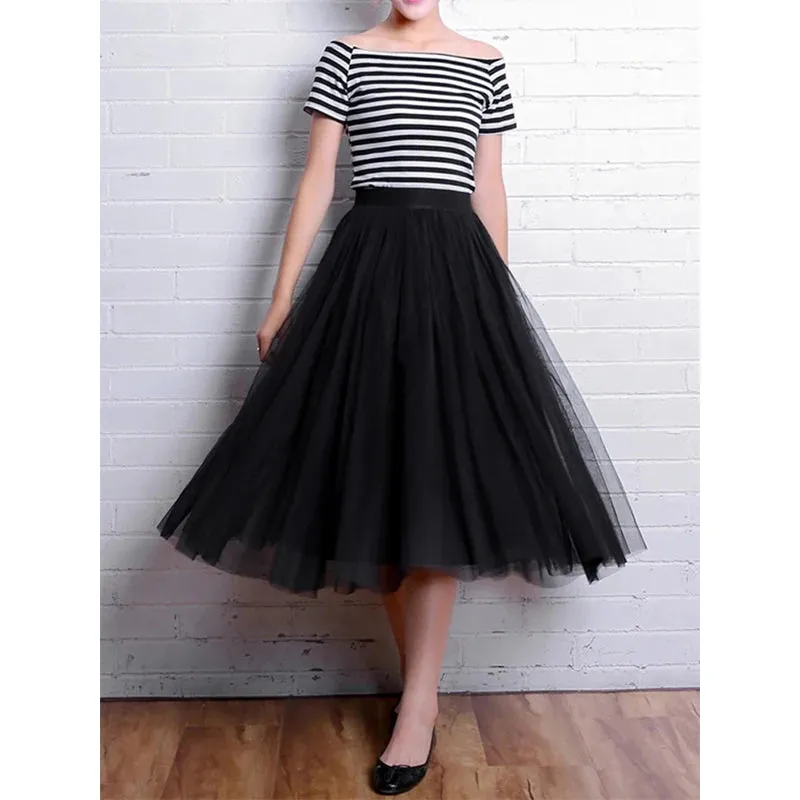 Vintage Tulle Pleated Skirt Women High Waist